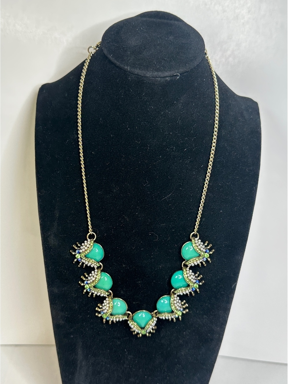 Whimsical Plunder Jeweled Aqua Beetle Statement Necklace Faux Pearls 19”